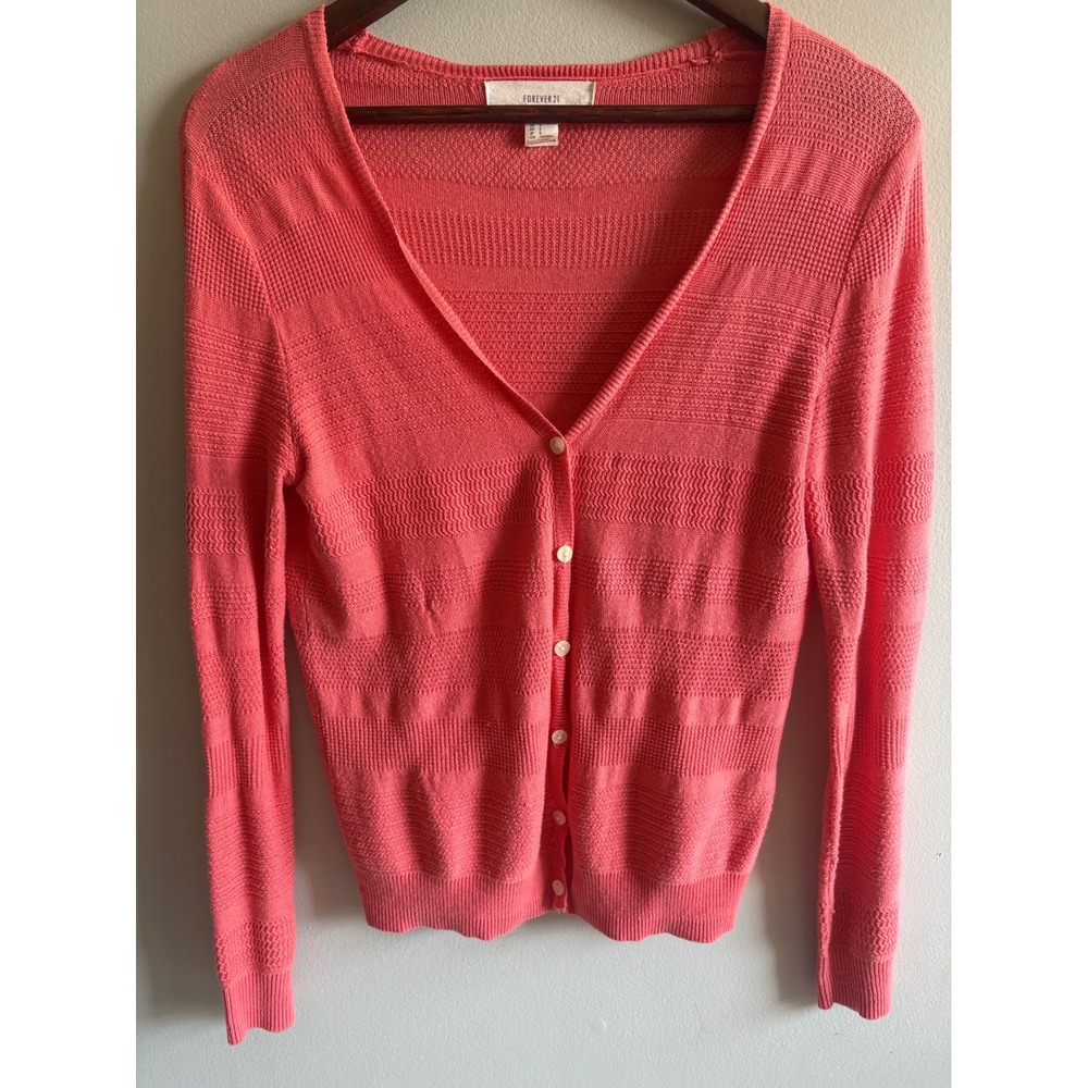 Forever 21 Coral Pink Ribbed Cropped Cardigan Y2K Size M